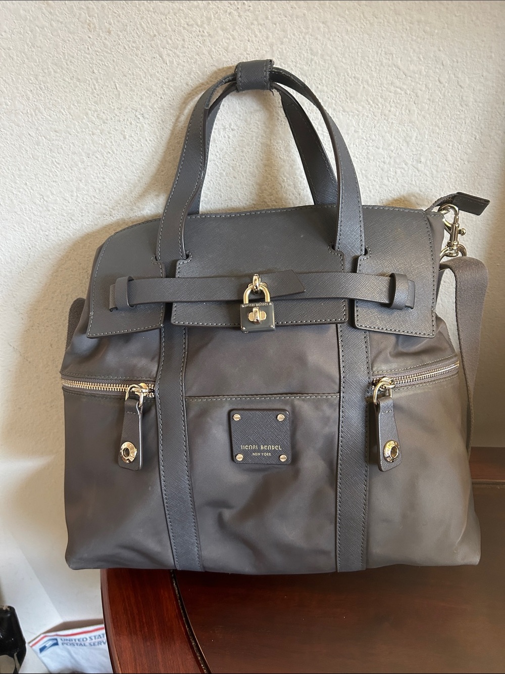 henri bendel Gray Leather Bag with Gold Hardware